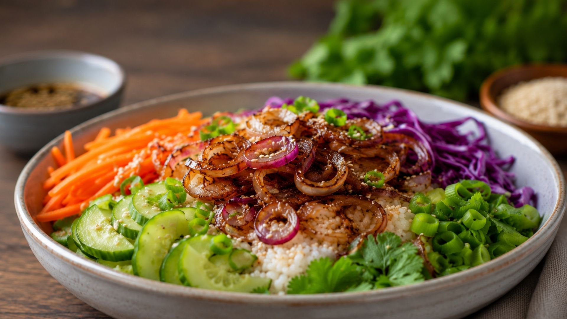 Crispy Red Shallot Rice Bowl served